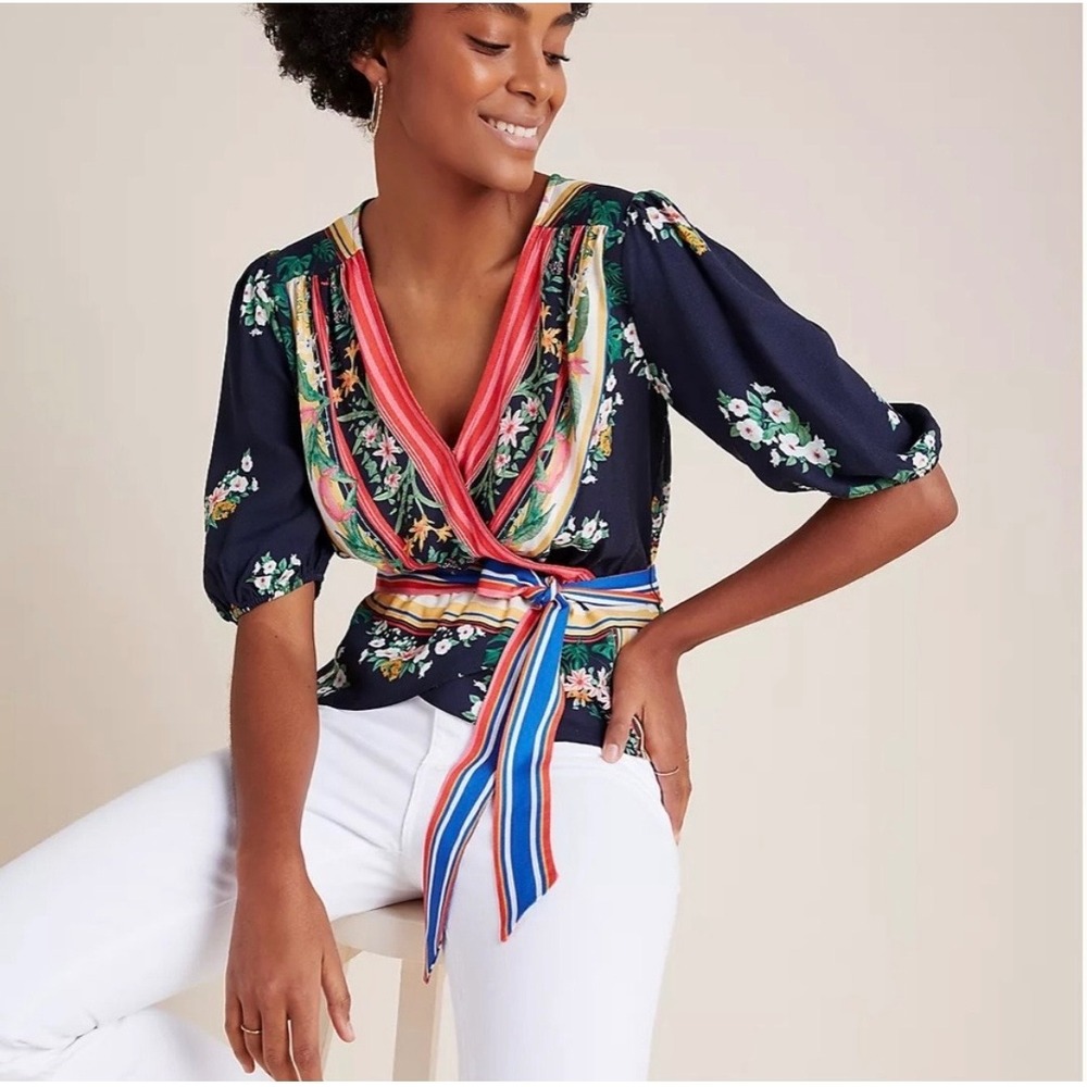 Farm Rio for Anthropologie Tropical Floral Striped Wrap Blouse Navy XL - Picture 14 of 15